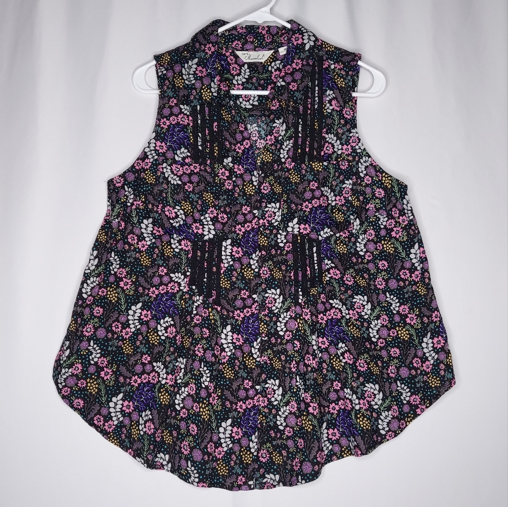Marrakech Cafe Anthropologie Button Collar‎ Top Womens Medium Micro Floral Black